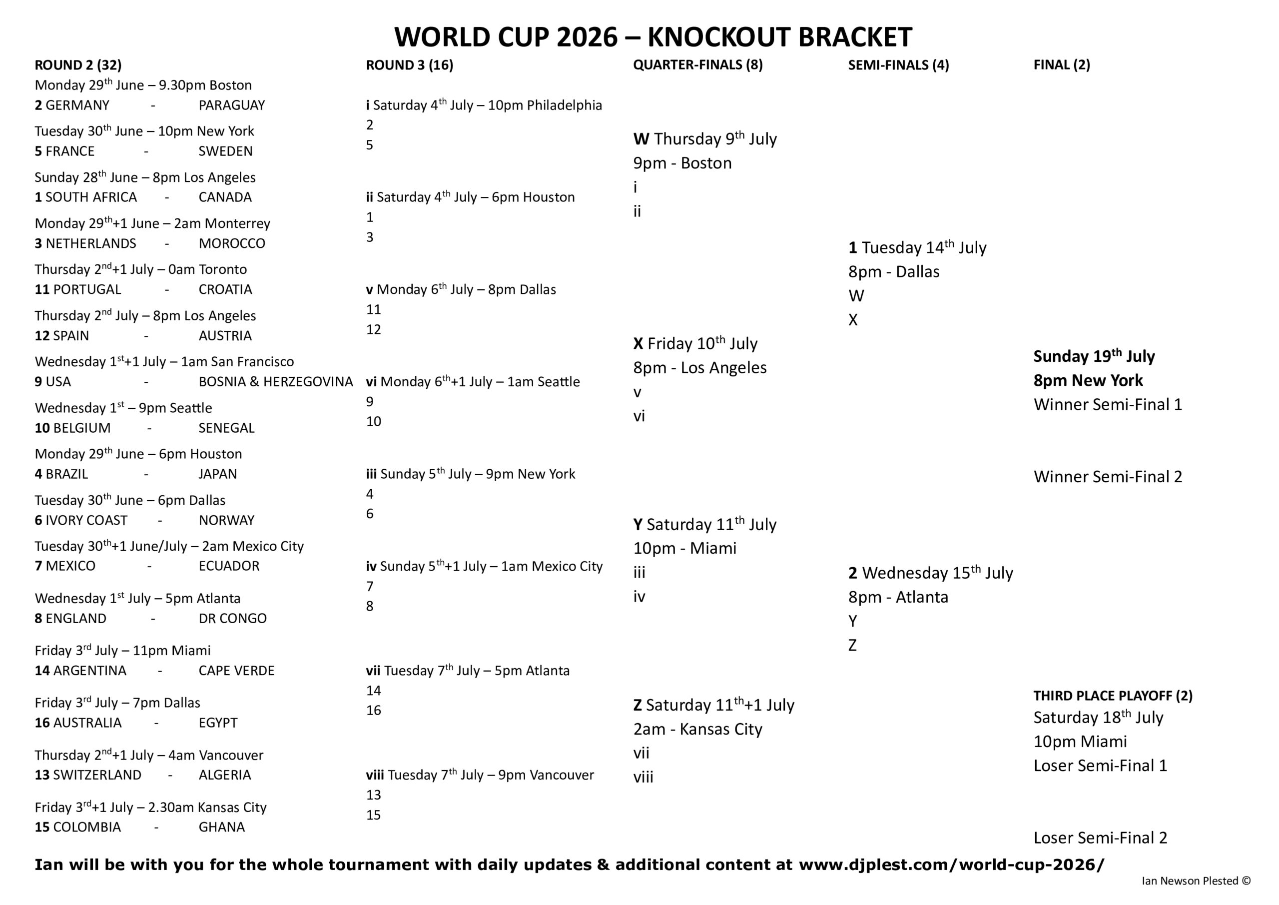 New World Cup 2026 Knockout fixture printouts